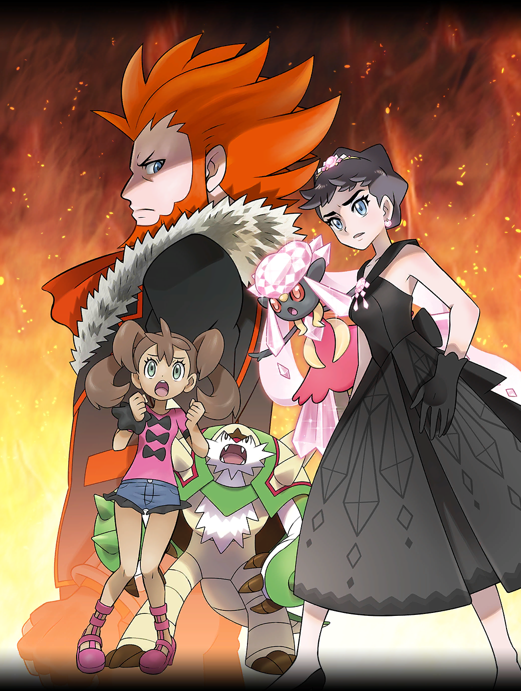 1boy 2girls alternate_color alternate_costume ariga_hitoshi beard black_dress black_gloves black_shirt blue_eyes boots brown_hair chesnaught diancie diantha_(pokemon) diantha_(sygna_suit)_(pokemon) dress earrings facial_hair fiery_background fire fur-trimmed_collar fur_trim gem gen_6_pokemon gloves green_eyes grey_hair highres jewelry legendary_pokemon long_hair lysandre_(pokemon) mega_diancie mega_pokemon multiple_girls mythical_pokemon nintendo official_alternate_color official_alternate_costume official_art open_mouth orange_hair pink_boots pink_gemstone pink_shirt pokemon pokemon_(creature) pokemon_masters_ex pokemon_xy red_eyes shauna_(pokemon) shiny_pokemon shirt short_hair teeth twintails upper_teeth_only