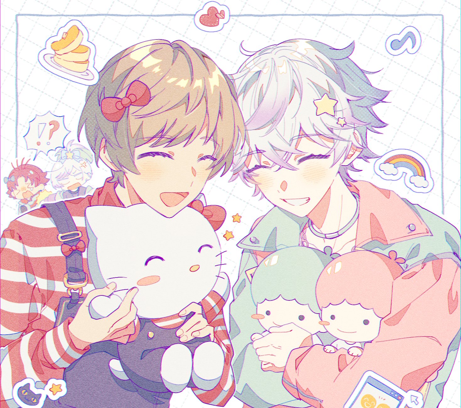 4boys ando_shiki bae_(paradox_live) brown_hair busraknongkai cozmez_(paradox_live) hair_ornament hello_kitty hello_kitty_(character) highres kiki_(little_twin_stars) lala_(little_twin_stars) little_twin_stars male_focus multiple_boys paradox_live purple_hair red_hair sanrio short_hair star_(symbol) star_hair_ornament sugasano_allen yatonokami_kanata yatonokami_nayuta