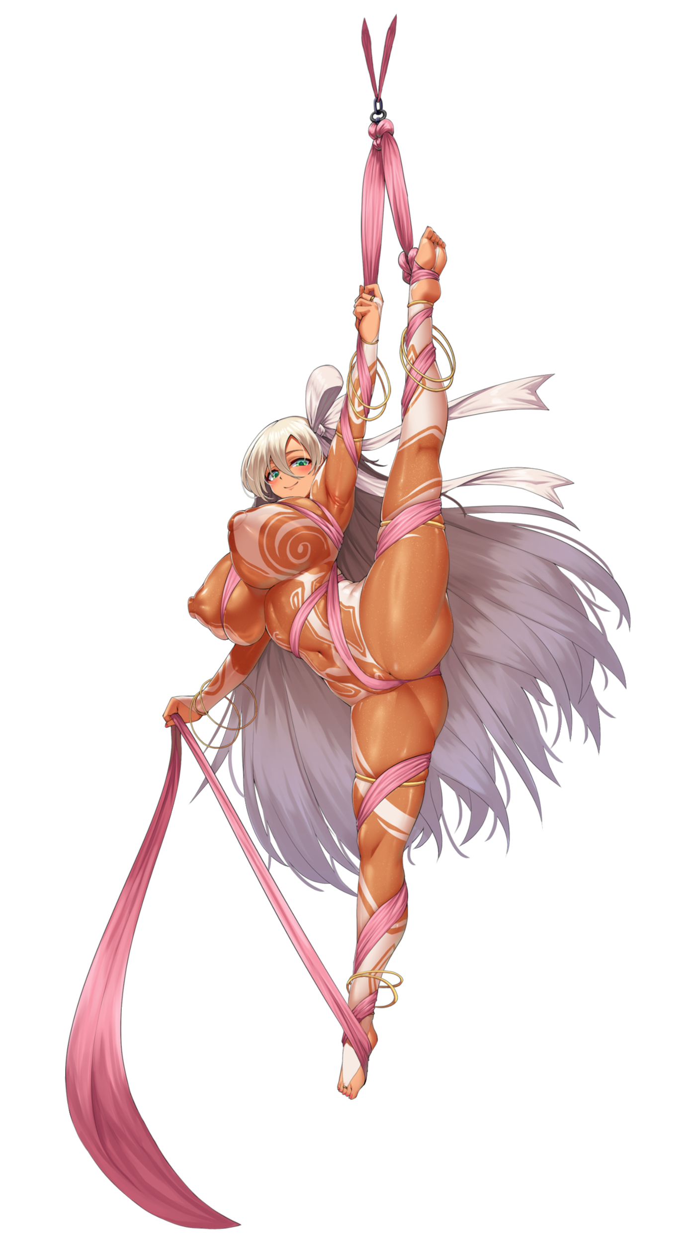 1girl absurdres acrobatic_sunny acrobatics anklet ass bangle bodysuit bracelet breasts bridal_gauntlets bridal_legwear brown_bodysuit cho!cho! covered_erect_nipples covered_navel dark-skinned_female dark_skin full_body gold_armlet gold_thighlet green_eyes groin_tendon hair_between_eyes hair_ribbon highres huge_breasts huge_nipples impossible_bodysuit impossible_clothes jewelry last_origin linea_alba long_hair looking_at_viewer multiple_bracelets nail_polish non-web_source official_alternate_costume official_art partially_visible_vulva pink_nails ribbon simple_background skindentation smile solo split standing standing_on_one_leg standing_split tachi-e thick_thighs thighs toenail_polish toenails transparent_background underboob very_long_hair white_hair white_ribbon