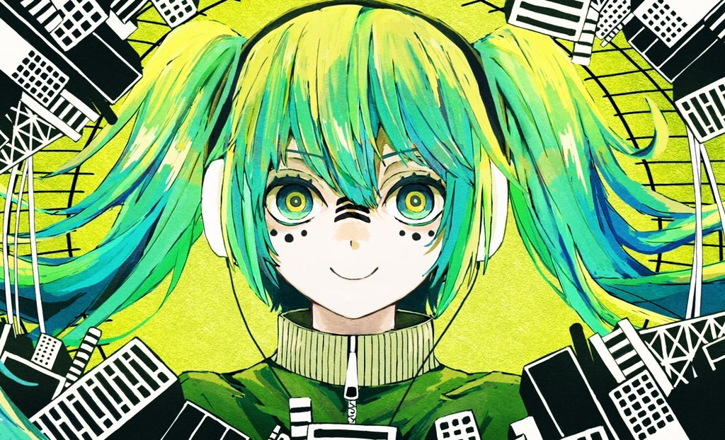 1girl commentary facial_mark green_eyes green_hair hatsune_miku headphones hidariri jacket long_hair looking_at_viewer matryoshka_(vocaloid) portrait ringed_eyes smile solo straight-on track_jacket twintails vocaloid