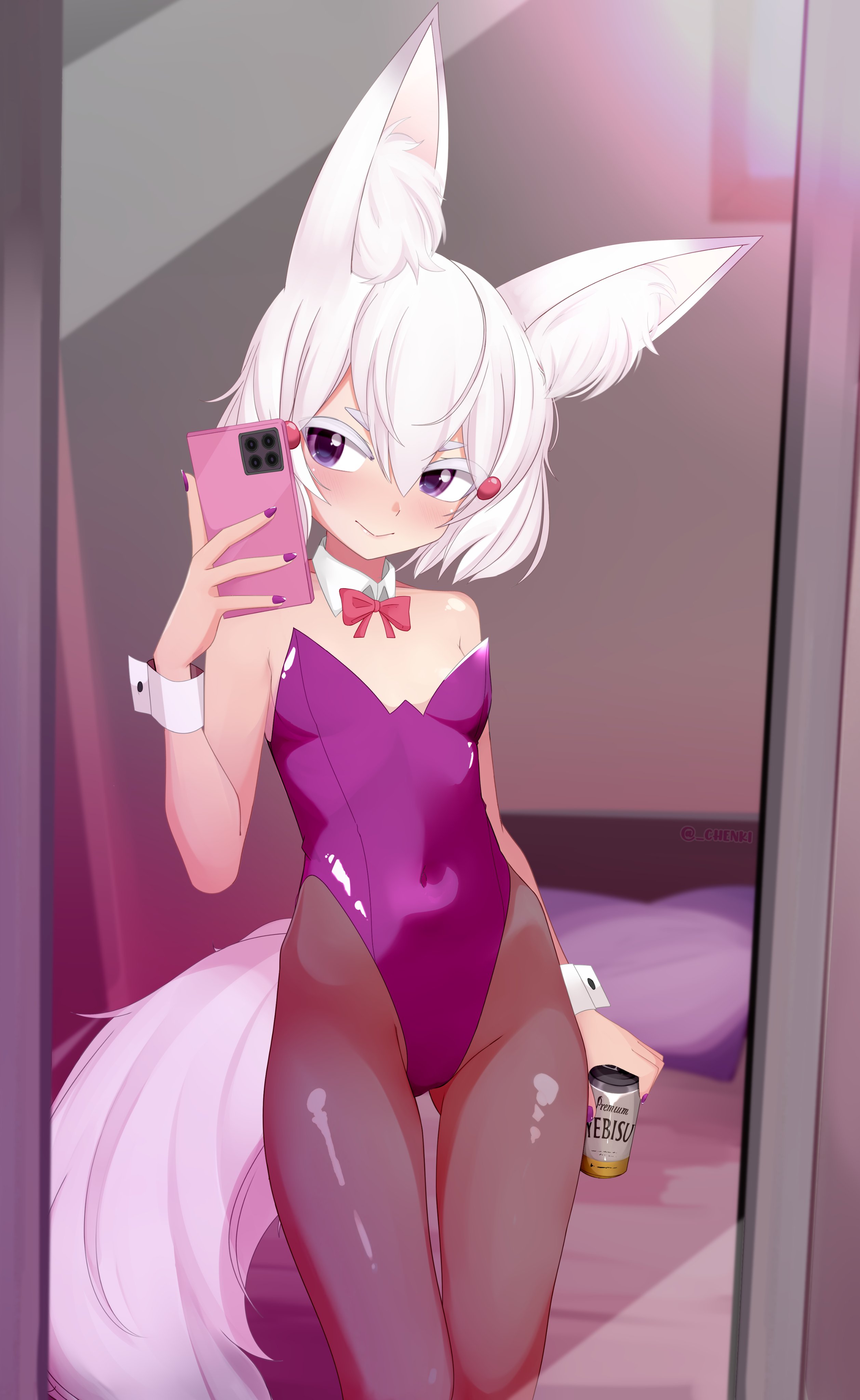 1girl absurdres alternate_costume animal_ear_fluff animal_ears bare_shoulders beer_can black_nails bow bowtie breasts can cellphone chenki_(chenki) collar detached_collar drink_can fishnet_pantyhose fishnets fox_ears fox_girl fox_tail full-length_mirror highres hip_dips holding holding_can holding_phone leotard looking_at_mirror made_in_2024 mirror mirror_selfie nail_polish pantyhose phase_connect phone playboy_bunny purple_eyes purple_leotard red_bow red_bowtie selfie small_breasts smartphone smile solo strapless strapless_leotard tail tenma_maemi virtual_youtuber white_collar white_eyes white_hair white_wrist_cuffs wrist_cuffs yebisu