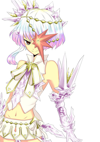 1girl alfa_system bare_shoulders crystal midriff multicolored_hair navel razalis red_eyes skirt tales_of_(series) tales_of_the_world tales_of_the_world_radiant_mythology_3