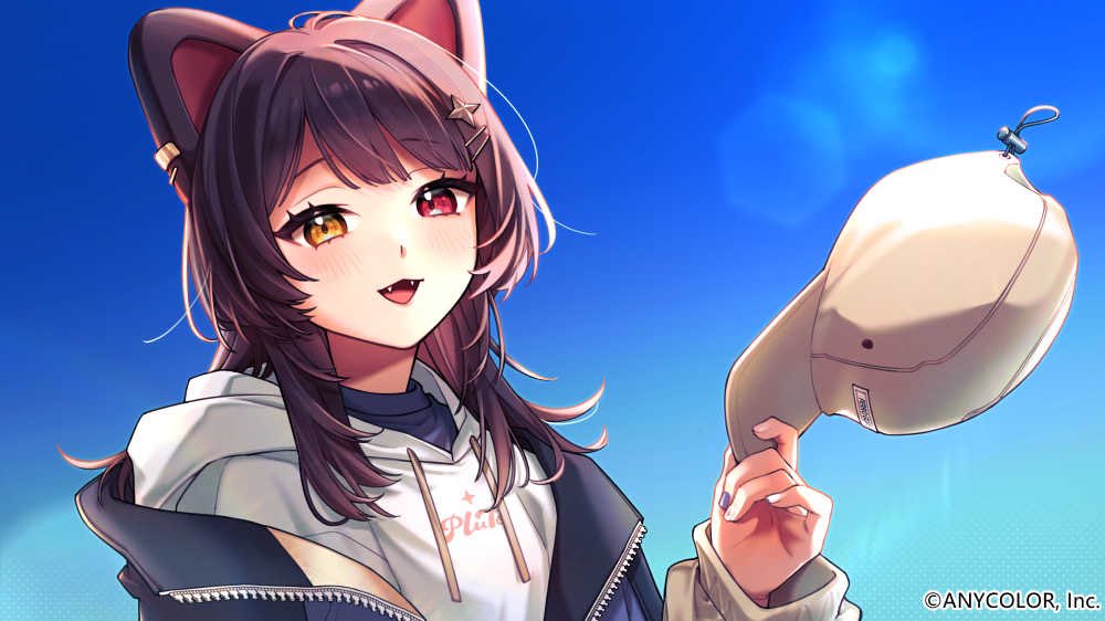1girl :3 animal_ear_piercing animal_ears baseball_cap blue_background blue_jacket blush brown_hair brown_hat clothes_writing commentary_request copyright_notice dog_ears fangs hair_ornament hair_over_shoulder hairpin halftone hand_up hat heterochromia holding holding_unworn_clothes holding_unworn_hat hood hood_down hoodie inui_toko inui_toko_(8th_costume) jacket lens_flare long_hair long_sleeves looking_at_viewer matsugi_zuntaro multiple_hairpins nail_polish nijisanji off_shoulder official_art open_clothes open_jacket open_mouth purple_nails red_eyes smile solo star_(symbol) star_hair_ornament swept_bangs three_quarter_view unworn_hat unworn_headwear upper_body virtual_youtuber white_hoodie yellow_eyes