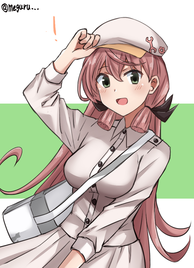 1girl akashi_(kancolle) akashi_(spring)_(kancolle) alternate_costume bag beret commentary_request female_focus green_eyes hair_ribbon handbag hat kantai_collection long_hair looking_at_viewer meguru_(megurunn) pink_hair pleated_skirt ribbon shirt skirt solo tress_ribbon twitter_username two-tone_background white_background white_hat white_shirt white_skirt