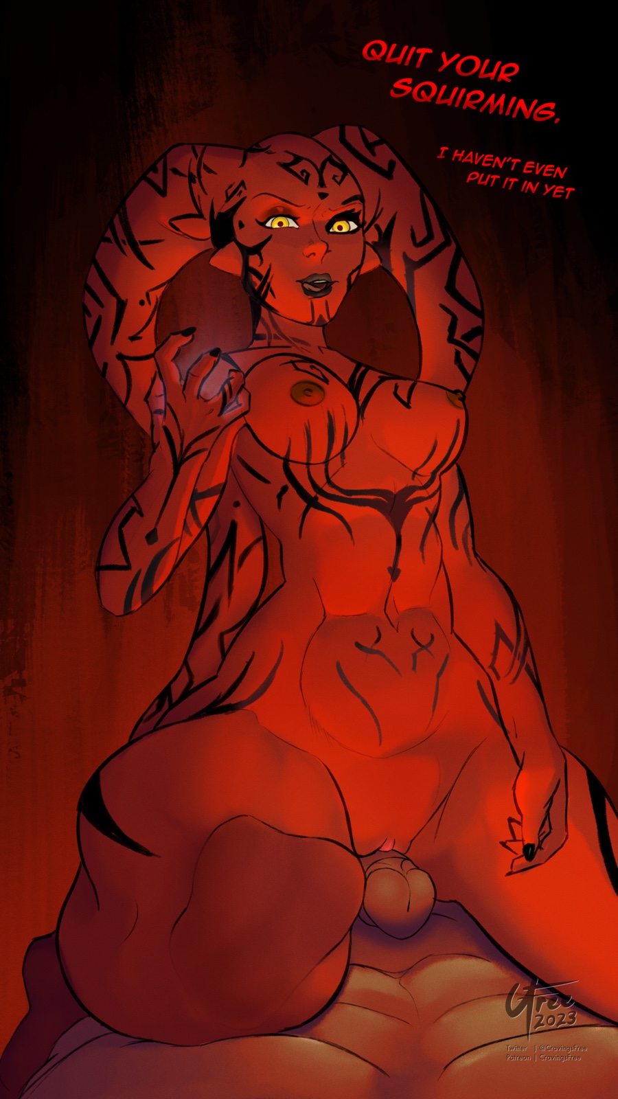 1girl 2023 abs alien biceps breasts chest_tattoo cleavage clenched_teeth colored_skin completely_nude cowgirl_position cravingsfree curvy darth_talon dated english_text erection evil_grin evil_smile facial_tattoo fingernails girl_on_top grin hetero highres holding holding_weapon imminent_penetration lekku_(anatomy) licking_lips lips looking_at_viewer nude open_mouth pelvic_curtain penis pussy red_background red_eyes see-through_clothes see-through_pelvic_curtain sex shoulder_tattoo signature simple_background sitting sitting_on_person smile star_wars star_wars:_legacy straddling tattoo teeth tongue tongue_out twi&#039;lek twitter_username weapon wide_hips yellow_eyes