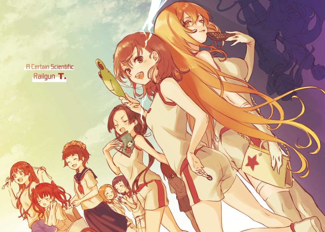 6+girls awatsuki_maaya back-to-back bag black_hair blonde_hair blue_sky brown_eyes brown_hair chain coin controller copyright_name dutch_angle electricity electrokinesis english_text everyone gekota gym_uniform hand_fan handbag holding holding_bag holding_coin holding_fan holding_mask holding_remote_control kihara_gensei kongou_mitsuko kouzaku_mitori lightning long_hair looking_at_another looking_at_viewer mask misaka_imouto misaka_mikoto multiple_girls open_mouth remote_control saten_ruiko school_uniform shadow shirai_kuroko shirt shokuhou_misaki short_hair shorts siblings sidelocks signature sisters sky smile standing star-shaped_pupils star_(symbol) star_print striped_clothes striped_shorts symbol-shaped_pupils tank_top tautiki toaru_kagaku_no_railgun toaru_kagaku_no_railgun_t toaru_majutsu_no_index tokiwadai_school_gym_uniform tokiwadai_school_uniform uiharu_kazari unworn_mask vertical-striped_clothes vertical-striped_shorts wannai_kinuho wheelchair white_bag white_shirt wide_shot