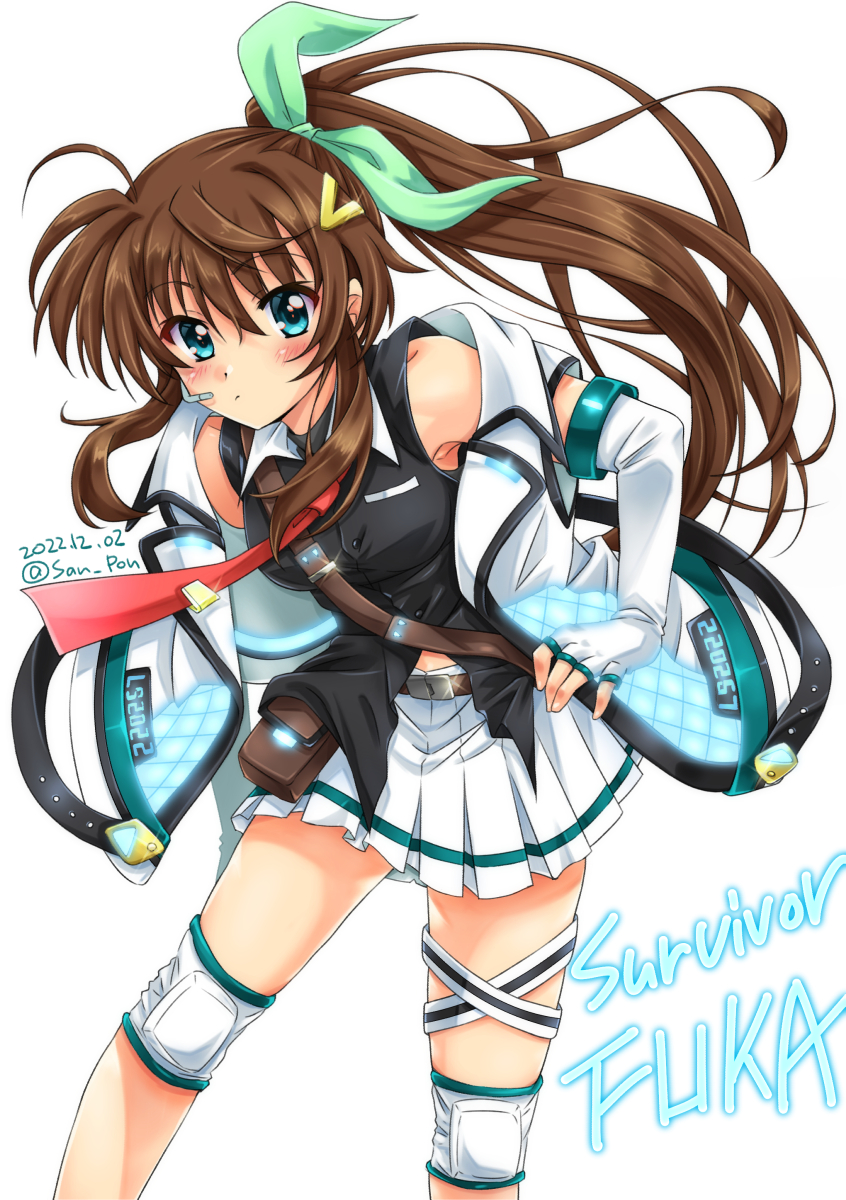 1girl artist_name bare_shoulders blue_eyes blush breasts brown_hair dated elbow_gloves fingerless_gloves fuka_reventon gloves hair_ornament hair_ribbon hairclip highres long_hair looking_at_viewer lyrical_nanoha lyrical_store miniskirt pleated_skirt ribbon san-pon simple_background skirt small_breasts solo vivid_strike! white_background white_gloves white_skirt