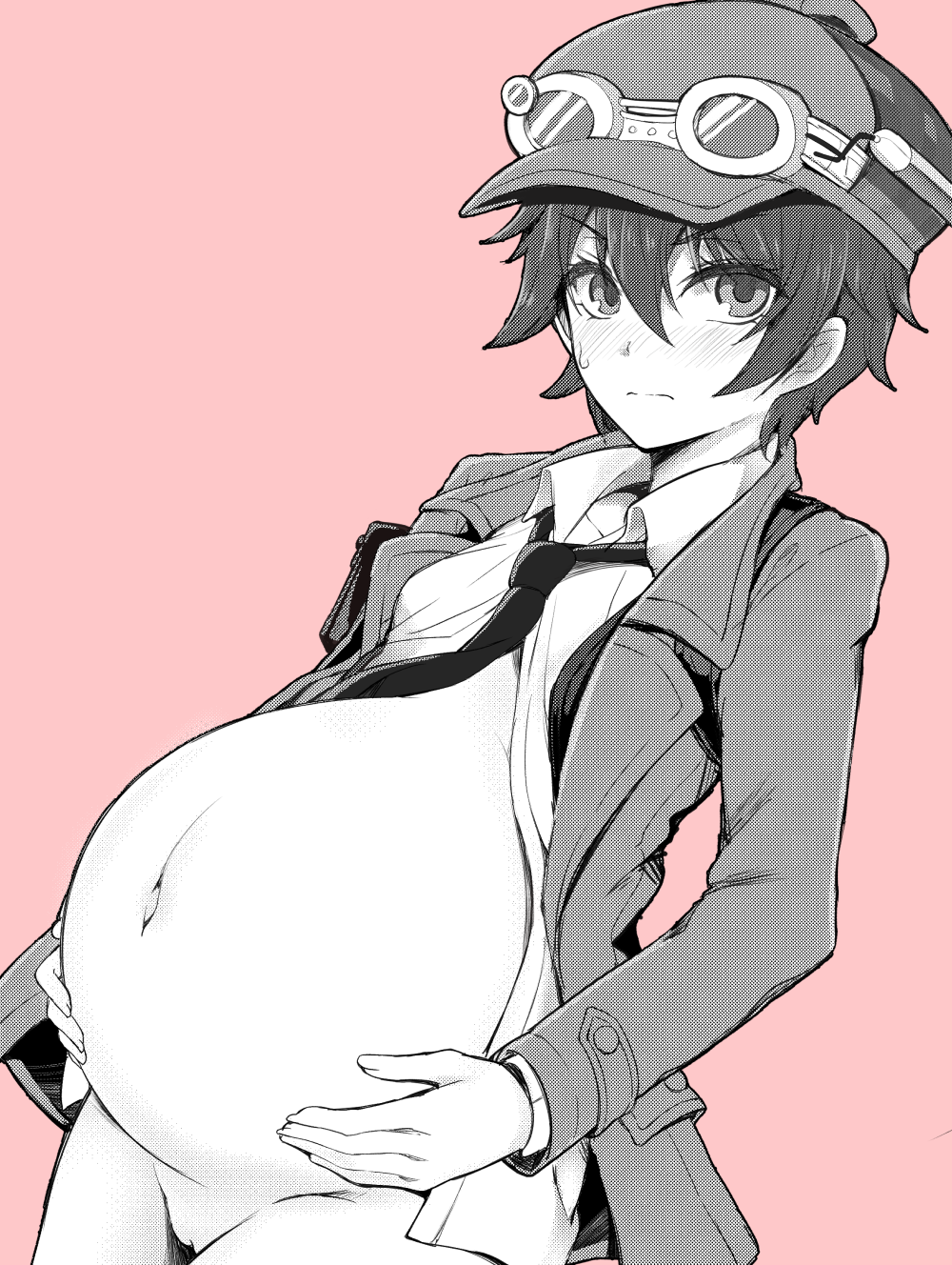 1girl breasts clymenia goggles goggles_on_headwear hair_between_eyes highres joukitoshi_no_tanteishoujou navel non-web_source pregnant simple_background small_breasts sophie_winters tomboy