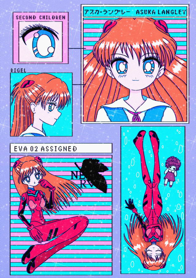 1girl artist_name blue_dress blue_eyes bodysuit brown_hair character_name chibi closed_eyes commentary dress dull english_text eye_focus full_body logo long_hair mecha_pilot_suit multiple_views neon_genesis_evangelion nerv pinafore_dress plugsuit_(evangelion) profile red_bodysuit rigelwave school_uniform shirt sleeveless sleeveless_dress souryuu_asuka_langley tokyo-3_middle_school_uniform upper_body vaporwave white_shirt