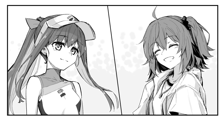 2girls closed_eyes fate/grand_order fate_(series) fujimaru_ritsuka_(female) fujimaru_ritsuka_(female)_(summer_street) greyscale grin kishinami_hakuno_(female) long_hair moninora monochrome multiple_girls one-piece_swimsuit one_side_up ponytail smile swimsuit visor_cap