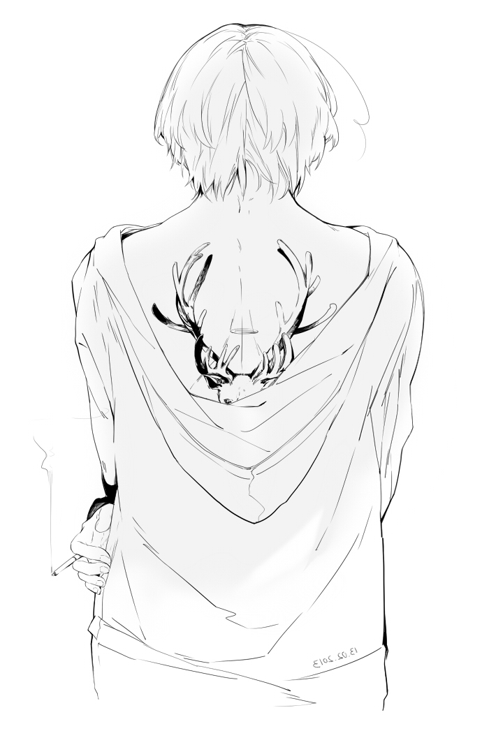 1boy axis_powers_hetalia back_tattoo between_fingers character_request cigarette commentary_request cropped_legs dated deer from_behind holding holding_cigarette hood hood_down hoodie long_sleeves loose_hair_strand male_focus nineo short_hair simple_background smoke solo spine tattoo white_background