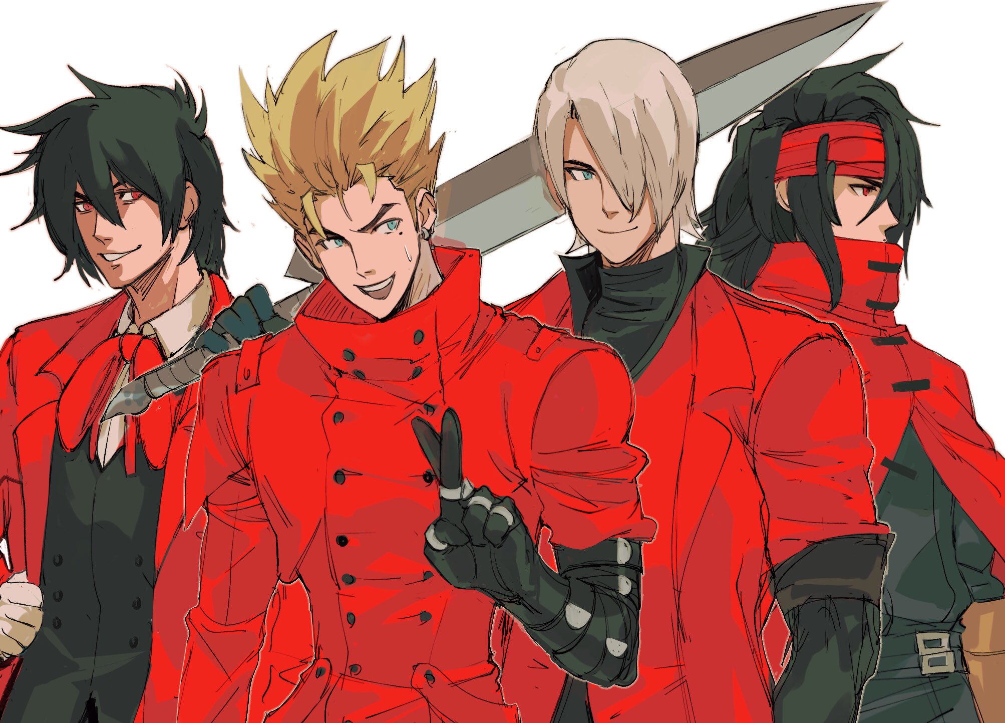 4boys alucard_(hellsing) black_hair black_shirt black_vest blonde_hair blue_eyes bow bowtie cloak coat covered_mouth crossover dante_(devil_may_cry) devil_may_cry_(series) devil_may_cry_1 dirge_of_cerberus_final_fantasy_vii earrings final_fantasy final_fantasy_vii headband hellsing highres holding holding_sword holding_weapon jewelry light_smile medium_hair multiple_boys rebellion_(sword) red_bow red_bowtie red_cloak red_coat red_eyes red_headband red_theme shirt single_earring sword tirtyturtle trigun v vash_the_stampede vest vincent_valentine weapon white_background white_hair