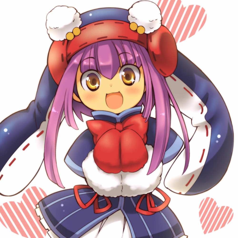 1girl animal_hood bird blue_dress dress emil_chronicle_online hood looking_at_viewer mittens open_mouth penguin penguin_girl penguin_hood pepen_alma purple_hair rakisuke red_mittens red_ribbon ribbon smile upper_body yellow_eyes