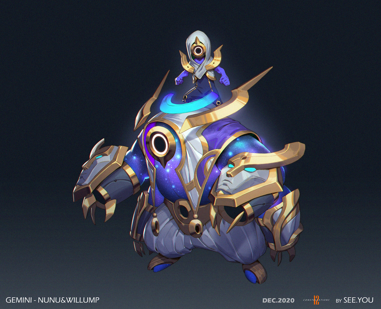 1boy alternate_costume alternate_form armor artist_name black_background child claws clenched_hands colored_skin facing_viewer full_body gemini_(zodiac) grey_background grey_pants hood hood_up league_of_legends mask nunu_(league_of_legends) pants purple_skin see_you space_print standing standing_on_another's_head starry_sky_print willump zodiac