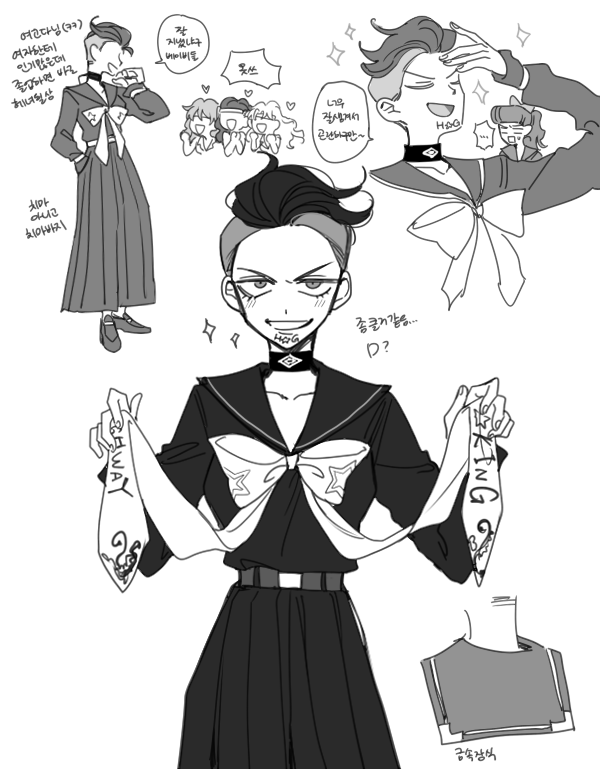 5girls choker commentary_request delinquent diamond_wa_kudakenai facial_tattoo fungami_yuya grin heart higashikata_josuke jojo_no_kimyou_na_bouken korean_text long_skirt mohawk multiple_girls pleated_skirt pompadour ponytail ribbon sempon_(doppio_note) skirt smile sparkle sparkling_aura sukeban tattoo translation_request undercut