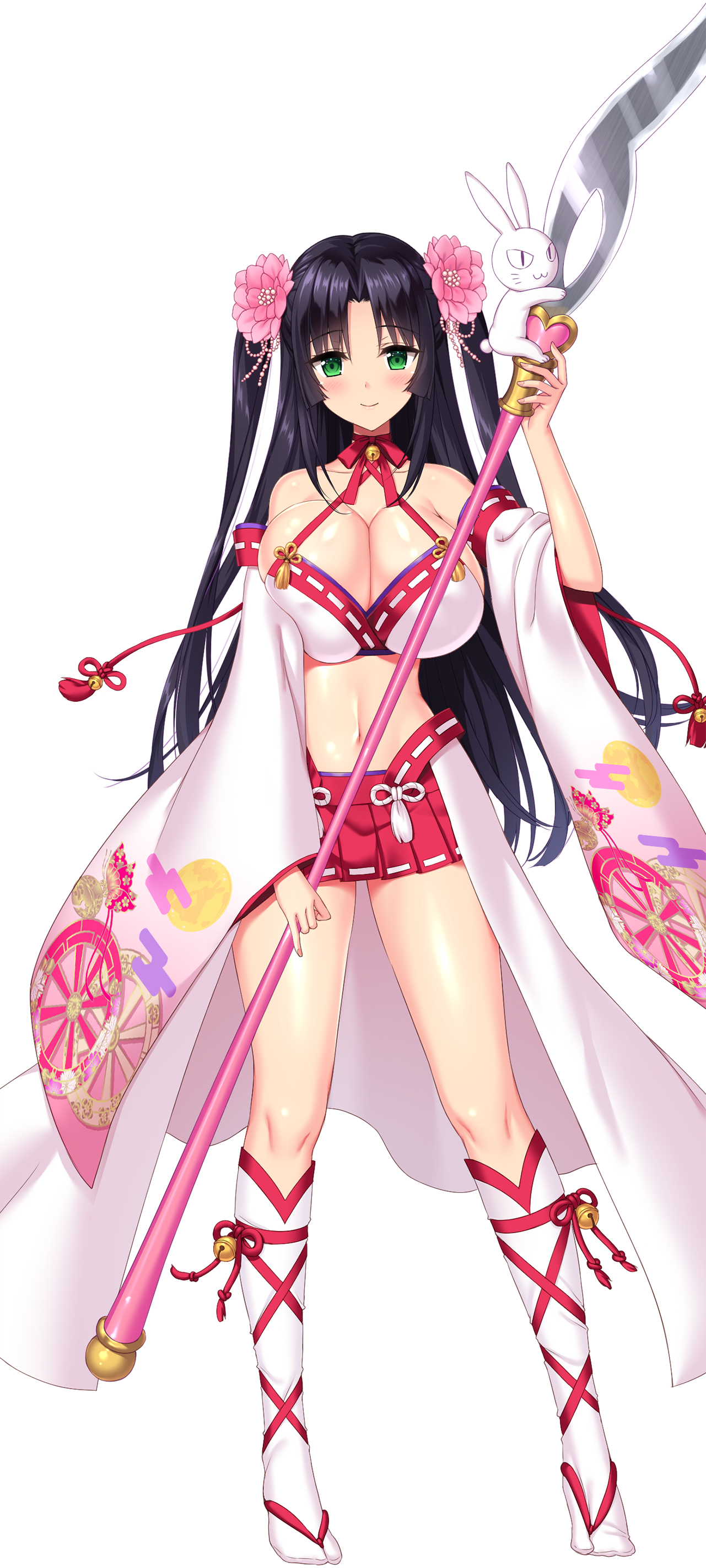 1girl absurdres ankle_socks bell black_hair blush breasts cleavage closed_mouth derauea flower full_body game_cg green_eyes hair_flower hair_ornament hair_tie hakama hakama_short_skirt hakama_skirt highres holding holding_polearm holding_weapon japanese_clothes kimono large_breasts long_hair looking_at_viewer milk_factory motto!_haramase!_honoo_no_oppai_isekai_ero_mahou_gakuen! naginata navel neck_bell non-web_source official_art parted_bangs pink_flower polearm rabbit skirt smile socks solo sprite tachi-e tasuki two_side_up uzuki_kaguya weapon white_kimono