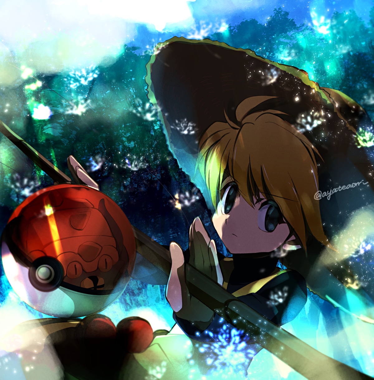1girl ahoge ayateaori black_shirt blonde_hair commentary_request game_freak gen_1_pokemon hat highres holding light_particles long_sleeves nintendo omastar poke_ball poke_ball_(basic) pokemon pokemon_(creature) pokemon_adventures serious shirt short_hair straw_hat swept_bangs tree tunic turtleneck turtleneck_shirt twitter_username upper_body yellow_(pokemon) yellow_tunic