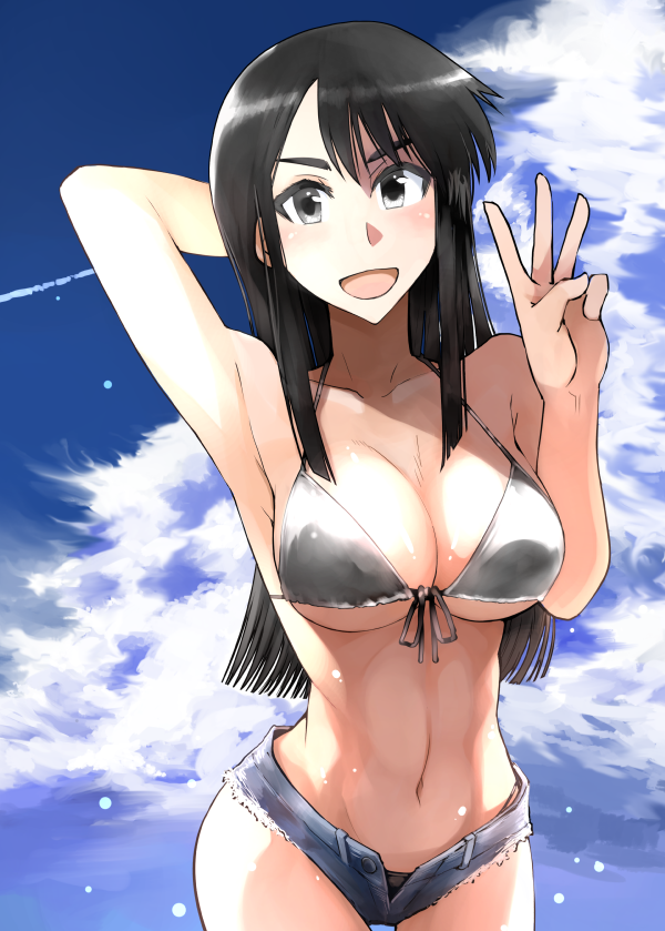 1girl :d arm_behind_head bikini black_bikini black_eyes black_hair blush breasts cloud cosaten cutoffs day female_focus large_breasts looking_at_viewer middle_w navel open_mouth school_rumble short_shorts shorts smile solo suou_mikoto_(school_rumble) swimsuit underboob w