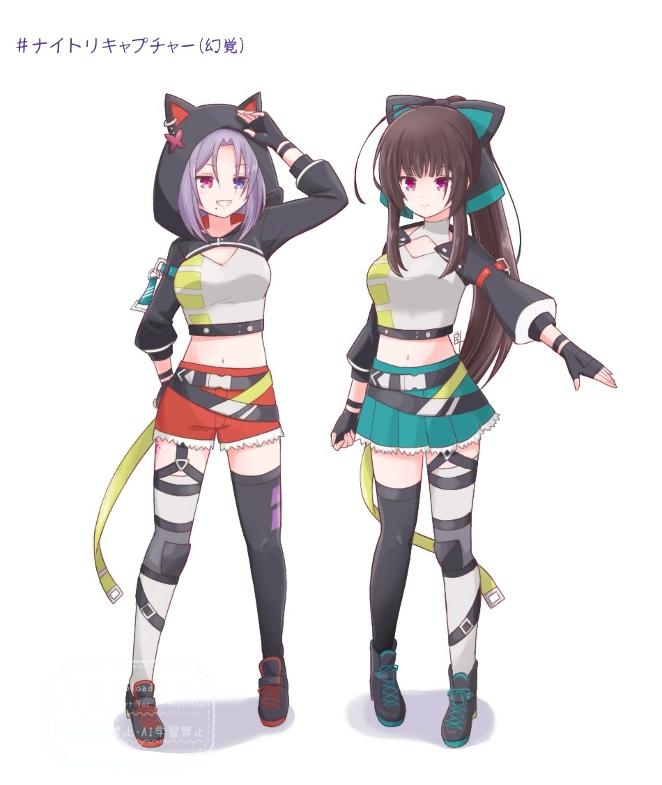 2girls :d adapted_costume aizawa_kazuha aizawa_kazuha_(cosplay) alternate_hairstyle animal_ears animal_hood ankle_belt ankle_boots aqua_bow aqua_skirt arm_up assault_lily asymmetrical_legwear belt belt_buckle black_belt black_boots black_bow black_gloves black_hair black_shoes black_thighhighs blue_eyes boots bow breasts buckle cat_ears cat_hood closed_mouth commentary_request cosplay crop_top cutoffs fake_animal_ears fingerless_gloves full_body gloves grey_hair grin hair_bow hand_on_own_head hand_on_own_hip hand_up heterochromia high_ponytail hood hood_up inoguchi_minto kagawa_makina knee_pads long_hair long_sleeves looking_at_viewer medium_breasts midriff miniskirt mismatched_legwear mole mole_under_eye morimoto_yuni multiple_girls navel open_mouth outstretched_arm pink_eyes pleated_skirt ponytail rabbit_ears red_shorts serizawa_chikaru serizawa_chikaru_(cosplay) shirt shoes short_hair shorts shrug_(clothing) simple_background single_knee_pad skirt smile sneakers standing thigh_strap thighhighs translation_request two-tone_bow v-shaped_eyebrows very_long_hair watermark white_background white_shirt white_thighhighs