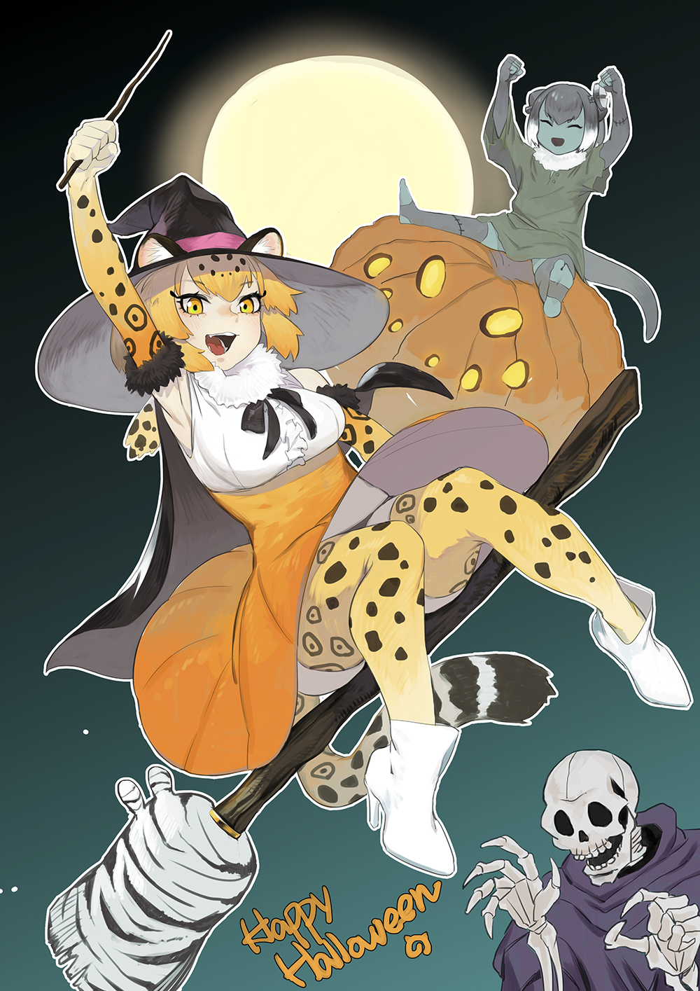 2girls animal_ears armpits barefoot beijuu black_bow black_bowtie black_hair black_headwear blonde_hair boots bow bowtie breasts broom broom_riding center_frills clenched_hands closed_eyes commentary_request dress ears_through_headwear elbow_gloves frills full_body full_moon fur_collar gloves green_dress grey_hair halloween happy_halloween hat high-waist_skirt highres holding holding_wand jaguar_(kemono_friends) jaguar_ears jaguar_girl leopard_print jaguar_tail jaguarman_series kemono_friends large_breasts looking_at_viewer moon multicolored_hair multiple_girls open_mouth orange_skirt otter_ears otter_tail print_gloves savanna_striped_giant_slug_(kemono_friends) shirt short_hair skeleton skirt skull_servant small-clawed_otter_(kemono_friends) smile tail undead wand white_shirt witch_hat yellow_eyes yu-gi-oh! zombie zombification