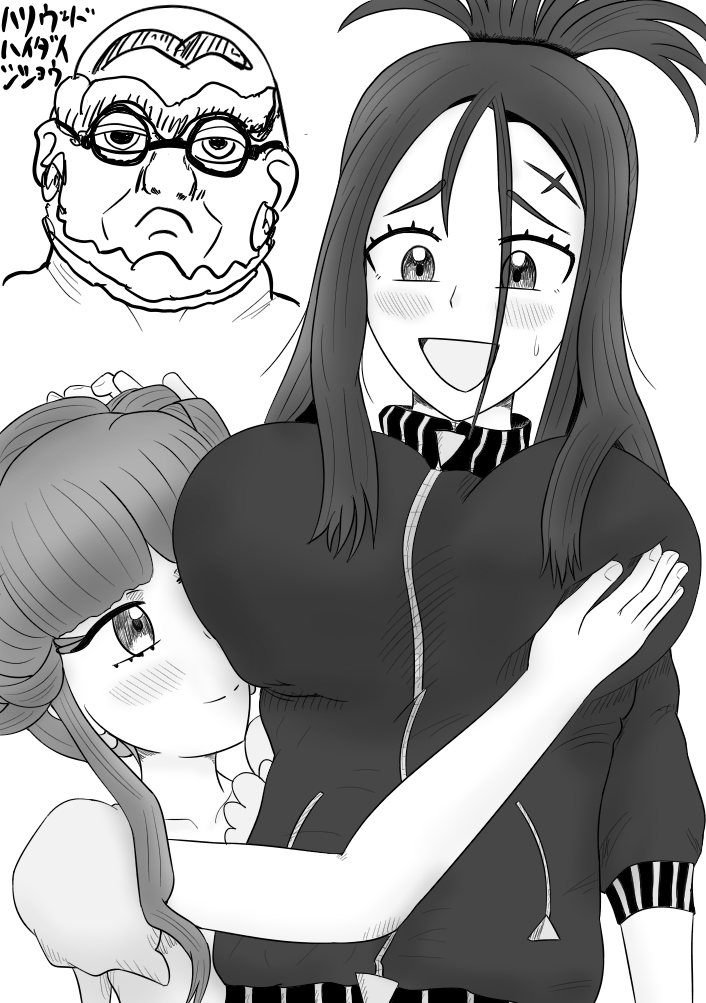 1boy 2girls black_hair black_pants black_track_suit breasts dendra_(pokemon) greyscale gym_leader gym_uniform juliet_sleeves kofu_(pokemon) large_breasts long_sleeves mature_male monochrome multiple_girls nintendo ooraou pants pokemon pokemon_sv puffy_sleeves raised_eyebrows sidelocks teacher track_suit tulip_(pokemon) yuri