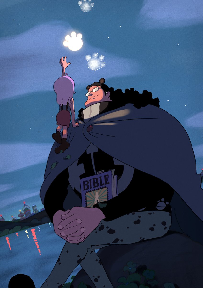 1boy 1girl arm_up bartholomew_kuma black_hair book child cloak commentary_request curly_hair father_and_daughter glasses holding holding_book jewelry_bonney mixed-language_commentary night night_sky official_art one_piece pink_hair reflection reflective_water sky smile star_(symbol) suspenders tamerlanbekm