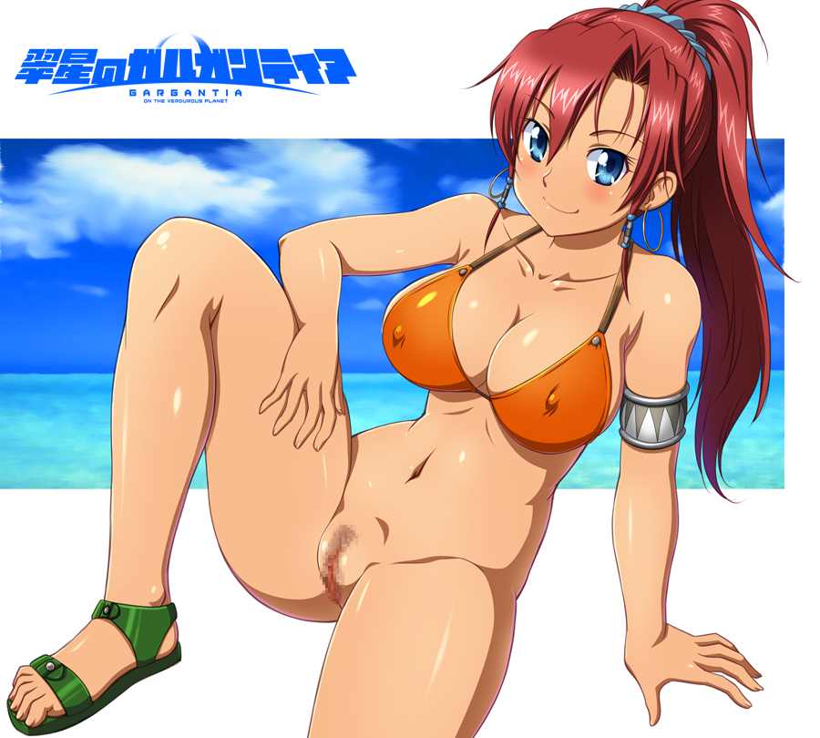 1girl bellows_(suisei_no_gargantia) bikini blue_eyes blue_sky bottomless bra breasts cameltoe censored cloud cloudy_sky copyright_name curvy day earrings english_text female_pubic_hair green_sandals hair_between_eyes hoop_earrings jewelry long_hair looking_at_viewer mosaic_censoring nipples ocean orange_bikini orange_bra ponytail pubic_hair pussy red_hair sandals sky smile solo suisei_no_gargantia swimsuit tan tanuki_yousuke underwear water