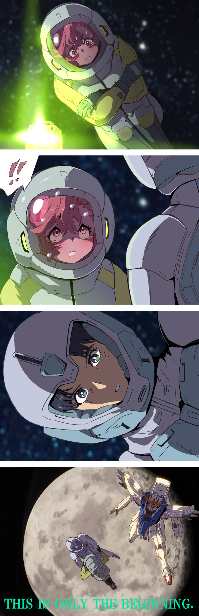 ! 1boy 1girl absurdres beacon black_hair blue_eyes damaged english_text f91_gundam floating gundam gundam_f91 gundam_suisei_no_majo helmet highres mecha_pilot_suit mobile_suit moon normal_suit_(gundam) orange_eyes red_hair seabook_arno space space_helmet spacesuit spoken_exclamation_mark star_(sky) suletta_mercury syope