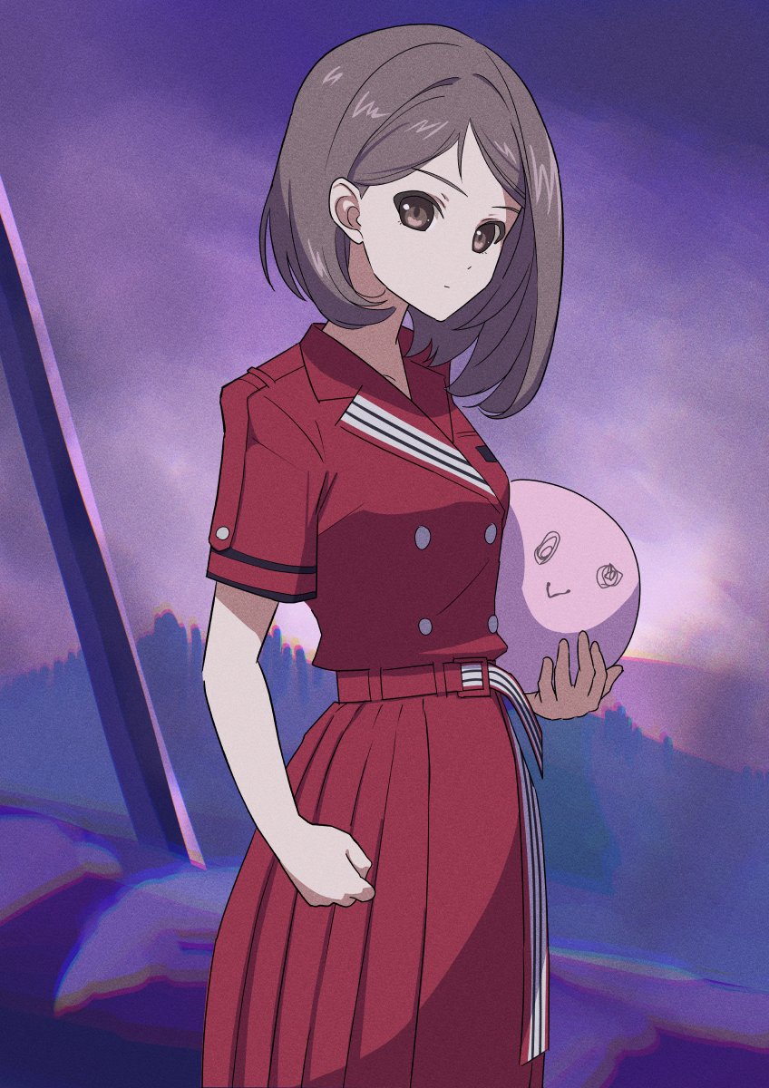 1girl 22/7 belt blurry buttons clenched_hand closed_mouth cowboy_shot cushion depth_of_field double-breasted dress from_side furumoto grey_eyes grey_hair highres hiiragi_tsubomi holding_cushion looking_at_viewer medium_hair nani_mo_shiteagerarenai outdoors pleated_dress red_belt red_dress short_sleeves solo standing