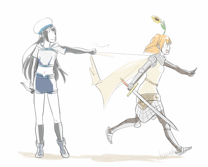 2girls armor armored_boots armored_skirt black_gloves black_hair black_socks blonde_hair blue_skirt boots breastplate cape cape_tug chainmail chasewalk commentary crop_top elbow_gloves english_commentary faceless faceless_female fingerless_gloves flower flower_on_head full_body gauntlets gloves grey_boots hat holding holding_sword holding_weapon hunter_(ragnarok_online) knight_(ragnarok_online) kosaka_honoka long_hair looking_at_another looking_to_the_side love_live! love_live!_school_idol_project midriff miniskirt multiple_girls navel open_mouth pauldrons ragnarok_online short_hair shoulder_armor simple_background skirt smile socks sonoda_umi standing sunflower sword weapon white_background white_cape white_hat