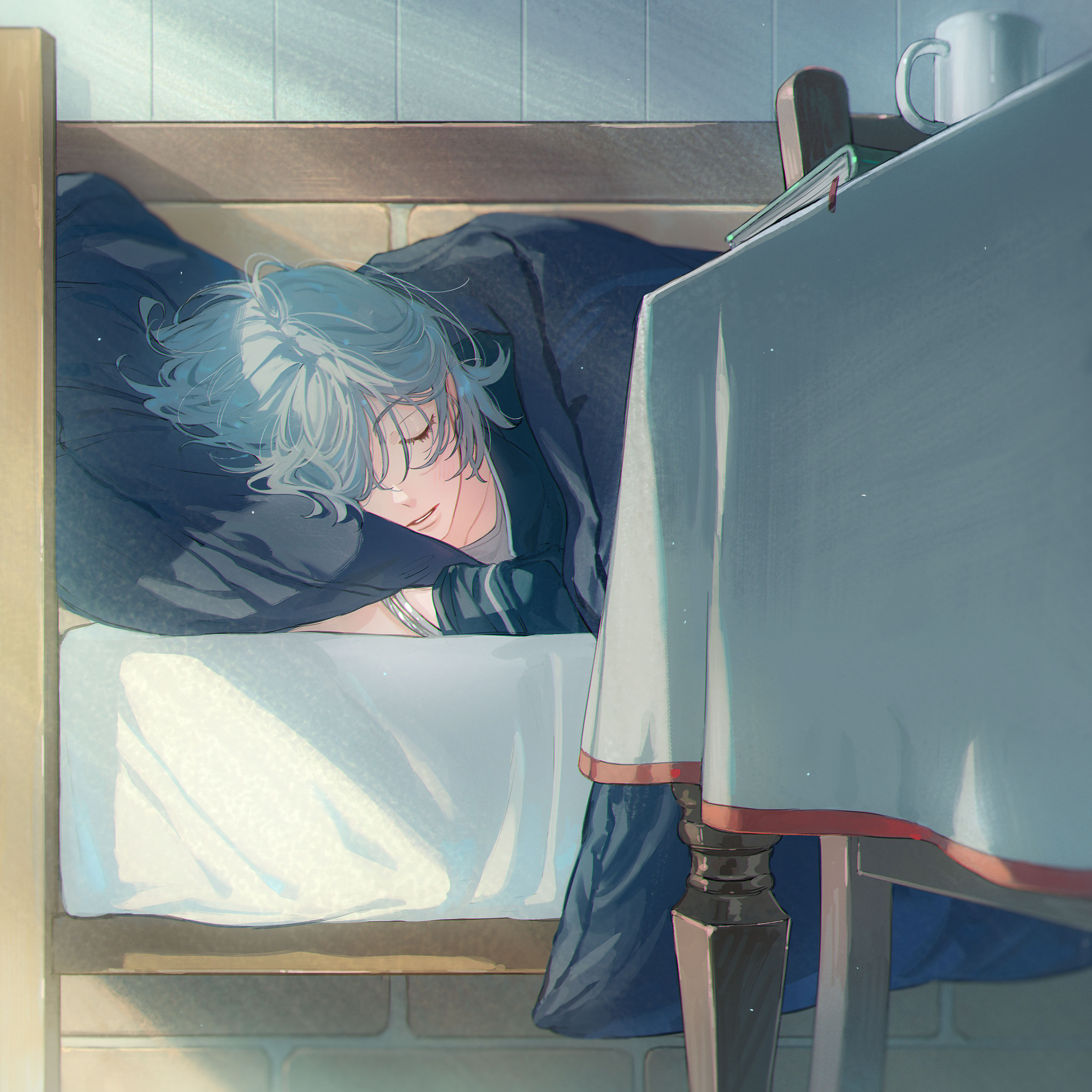 1boy absurdres aqua_hair blush book chair closed_eyes coke_6 cup green_jacket grey_shirt hair_over_one_eye head_on_pillow highres jacket mahoutsukai_no_yakusoku male_focus medium_hair nero_turner on_bed parted_bangs parted_lips pillow shirt sleeping solo table teeth under_covers