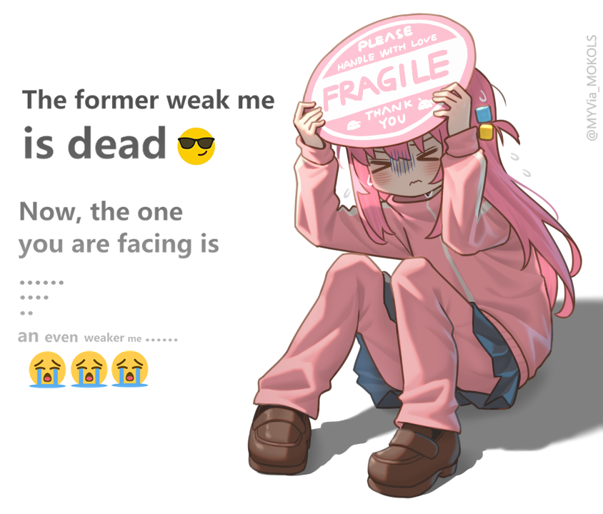 &gt;_&lt; 1girl arms_up black_skirt blush bocchi_the_rock! brown_shoes closed_eyes closed_mouth cube_hair_ornament english_text flying_sweatdrops full_body gibberish_commentary gotoh_hitori hair_ornament jacket loafers long_hair long_sleeves myvia_mokols pants pants_under_skirt pink_hair pink_jacket pink_pants pink_track_suit pleated_skirt shoes simple_background sitting skirt solo spacex sticker sweat track_jacket track_pants track_suit white_background