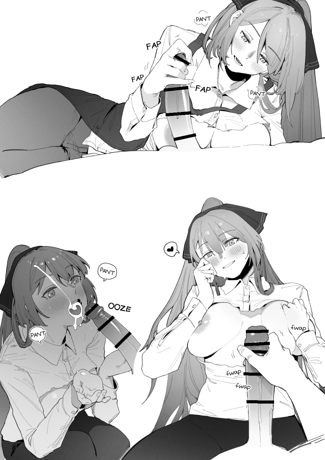 1boy 1girl bar_censor breasts censored collared_shirt commentary cum cum_in_mouth cum_on_body cum_on_hair dress_shirt english_commentary english_text facial girls&#039;_frontline greyscale handjob hetero highres huqu korean_commentary large_breasts long_hair mixed-language_commentary monochrome multiple_views nipples pants penis ponytail pov pov_crotch shirt speech_bubble springfield_(girls&#039;_frontline) torn_clothes torn_shirt