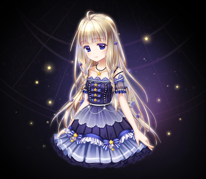 1girl ahoge bare_arms bead_necklace beads black_background blonde_hair blue_eyes blunt_bangs bow bow_button braid closed_mouth collarbone cropped_legs dress dress_bow eyelashes frilled_dress frills hair_ornament happy jewelry karen_(navy_42) lace lace-trimmed_dress lace_trim light_blush lips long_hair miracle_nikki necklace nikki_(series) off-shoulder_dress off_shoulder pink_lips puffy_short_sleeves puffy_sleeves purple_bow purple_dress see-through_clothes see-through_sleeves short_sleeves smile solo star_(symbol) star_hair_ornament star_necklace starlet strap striped_bow third-party_source twin_braids very_long_hair vignetting