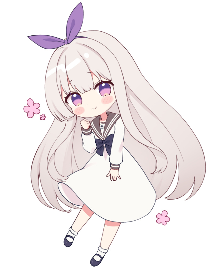 1girl black_bow black_bowtie blush_stickers bow bowtie brown_sailor_collar chibi chibi_only closed_mouth commentary dress frilled_socks frills full_body furutori grey_hair hair_bow hairband long_sleeves looking_at_viewer mary_janes original purple_bow purple_eyes purple_hairband sailor_collar sailor_dress school_uniform shoes simple_background smile socks solo white_background white_dress white_socks