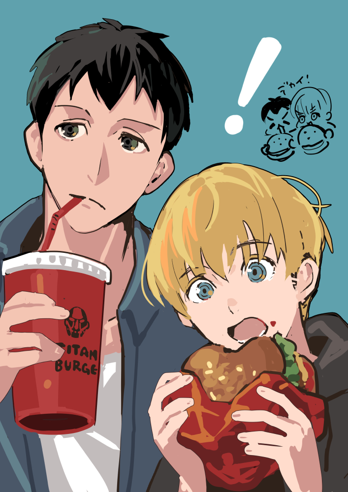 ! 2boys :/ armin_arlert bertolt_hoover black_hair black_hoodie blonde_hair blue_background blue_eyes blue_jacket bread brown_eyes burger character_print chibi chibi_inset closed_mouth colossal_titan commentary contemporary crew_neck cup disposable_cup drink drinking_straw drinking_straw_in_mouth food food_on_face food_wrapper holding holding_burger holding_food hood hood_down hoodie jacket ketchup kima33333 lettuce looking_at_food looking_down looking_to_the_side lower_teeth_only male_focus multiple_boys open_mouth sesame_seeds shingeki_no_kyojin shirt short_hair sideways_glance t-shirt teeth titan_(shingeki_no_kyojin) tongue upper_body white_shirt wing_collar
