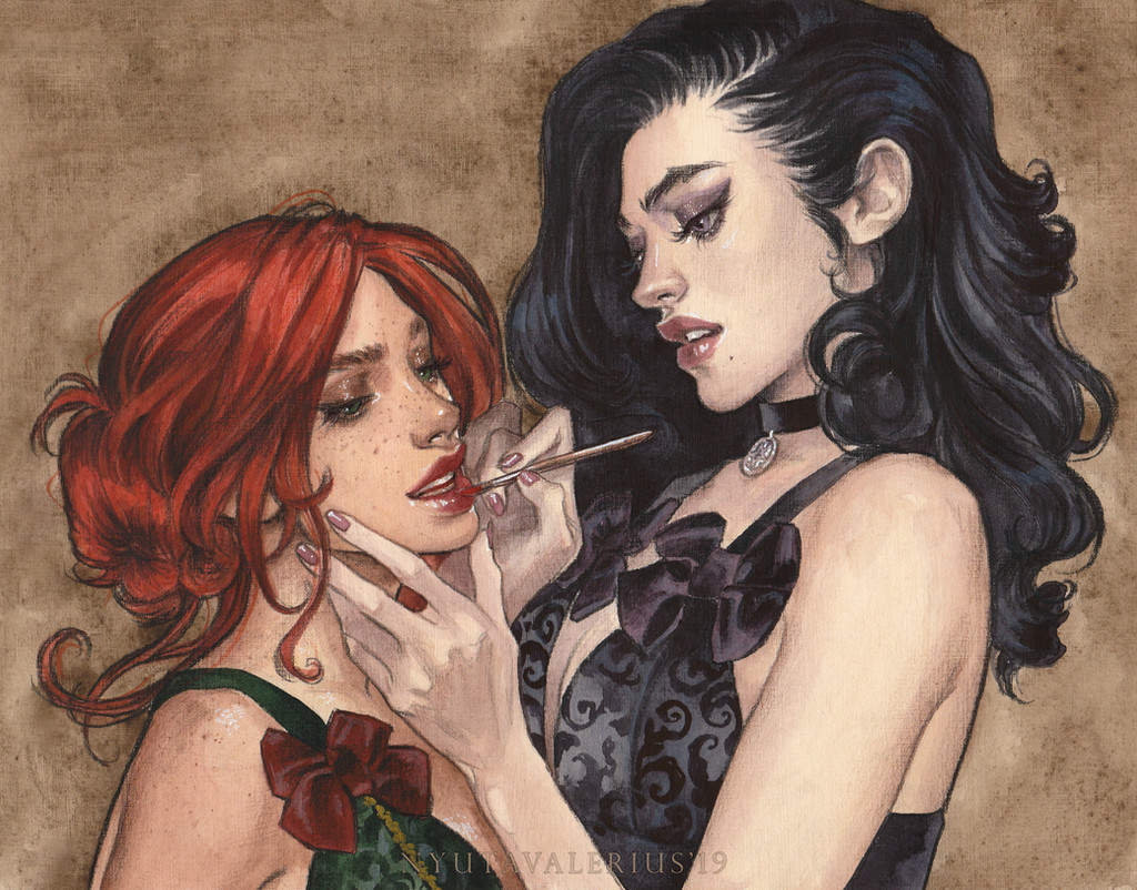 2girls applying_makeup black_choker black_hair choker green_eyes looking_at_another multiple_girls nyutavalerius pendant_choker purple_eyes red_hair red_lips the_witcher_(series) the_witcher_3 triss_merigold upper_body yennefer_of_vengerberg