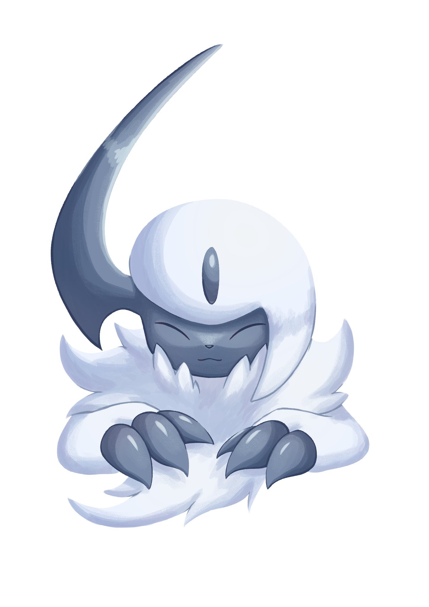 absol animal_focus claws closed_eyes closed_mouth gen_3_pokemon highres horns nintendo pokemon pokemon_(creature) simple_background single_horn smile soruva_359 white_background white_hair