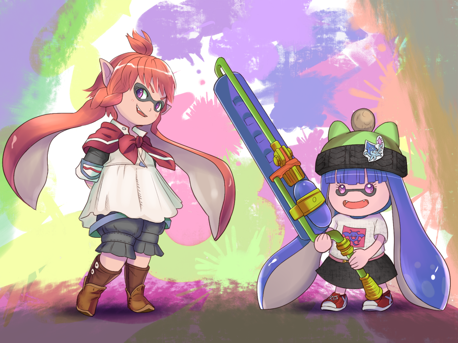 10s 2girls andou_kokoa beanie crossover domino_mask dragon_quest dragon_quest_x fang final_fantasy final_fantasy_xiv fusion grin hat inkling inkling_girl inkling_player_character lalafell looking_at_viewer mask multiple_girls nintendo paint_roller pointy_ears puklipo purple_eyes skirt smile splat_roller_(splatoon) splatoon_(series) squid_girl tentacle_hair tentacles