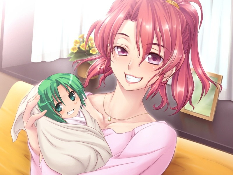 00s 1girl baby baby_carry carrying crossover day game_cg glint grin higurashi_no_naku_koro_ni holding_person indoors maternity_insult niikura_akane plant ponytail ribahara_aki ryoubo_-maternity_insult- smile smug sonozaki_mion third-party_edit what