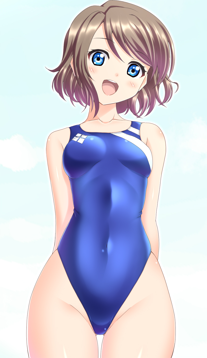 1girl blue_eyes breasts brown_hair competition_swimsuit hands_behind highleg highres hizuki_aki leotard love_live! love_live!_sunshine!! one-piece_swimsuit short_hair simple_background solo swimsuit thighs watanabe_you