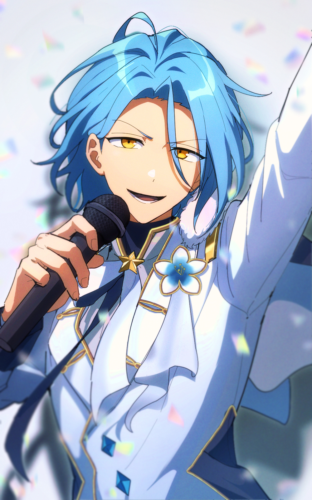10gerine 1boy arm_up bishounen blue_hair blurry blurry_background brooch buttons confetti curtained_hair depth_of_field diamond_button ensemble_stars! eyes_visible_through_hair gold_trim hair_between_eyes hand_up highres himeru_(ensemble_stars!) holding holding_microphone jacket jewelry long_sleeves lower_teeth_only male_focus microphone neck_ribbon parted_lips ribbon solo star_brooch teeth uneven_eyes upper_body white_jacket yellow_eyes