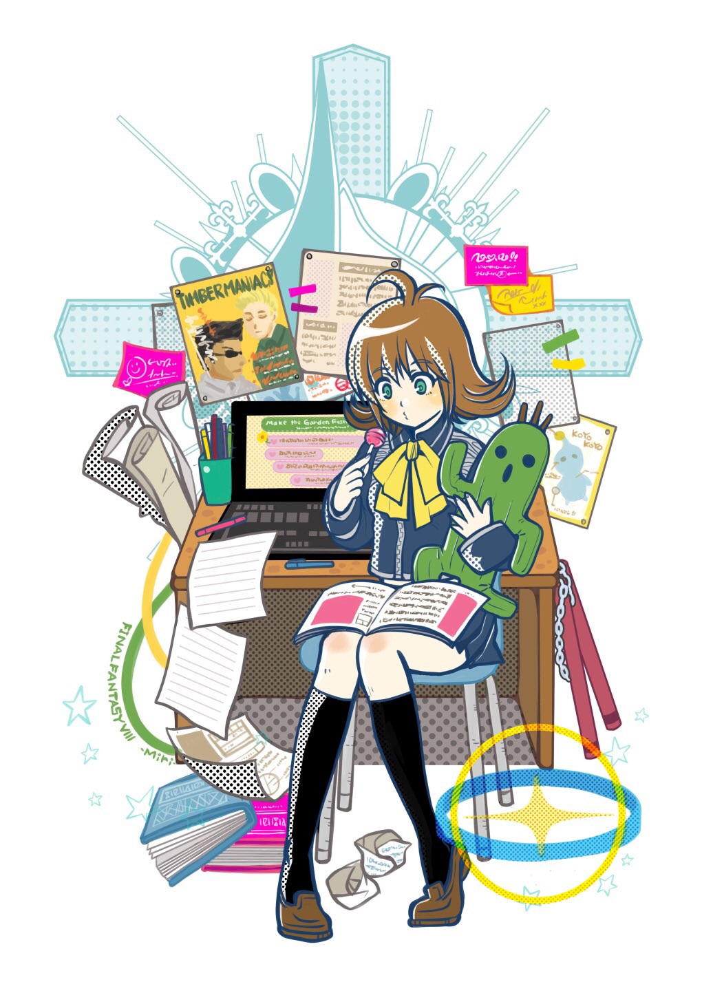 1girl blue_skirt book brown_hair candy chair computer copyright_name desk final_fantasy final_fantasy_viii flipped_hair food full_body green_eyes highres miri_(mirik) paper pleated_skirt pupu_(ff8) sabotender school_uniform selphie_tilmitt short_hair sitting skirt solo