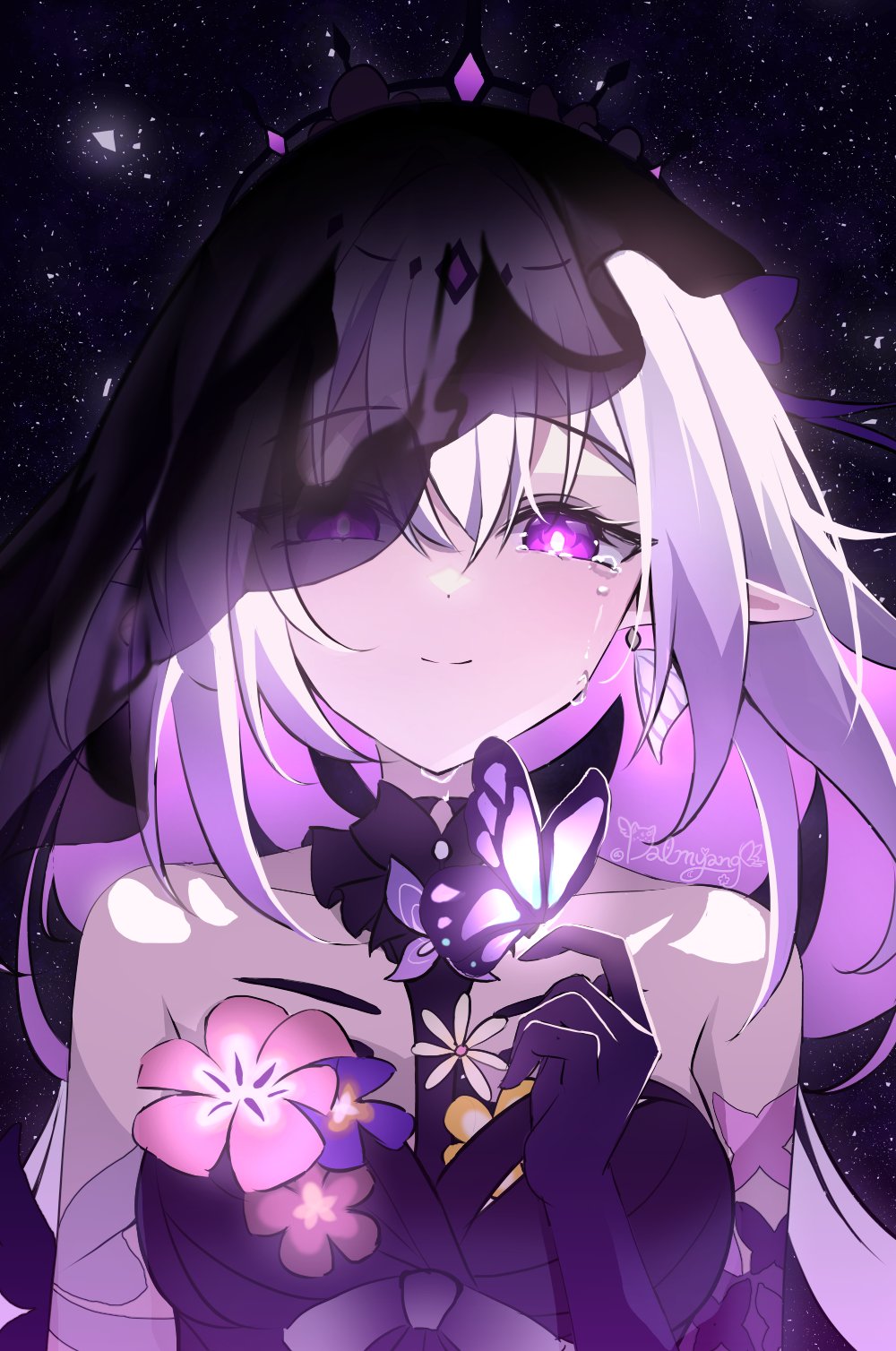 1girl bare_shoulders black_veil bug butterfly butterfly_on_hand castorice_(honkai:_star_rail) commentary dalmyang dress elf flower_ornament gloves happy_tears highres honkai:_star_rail honkai_(series) insect long_hair pointy_ears purple_dress purple_eyes purple_gloves purple_hair see-through_clothes see-through_veil sky smile solo star_(sky) starry_sky tears veil