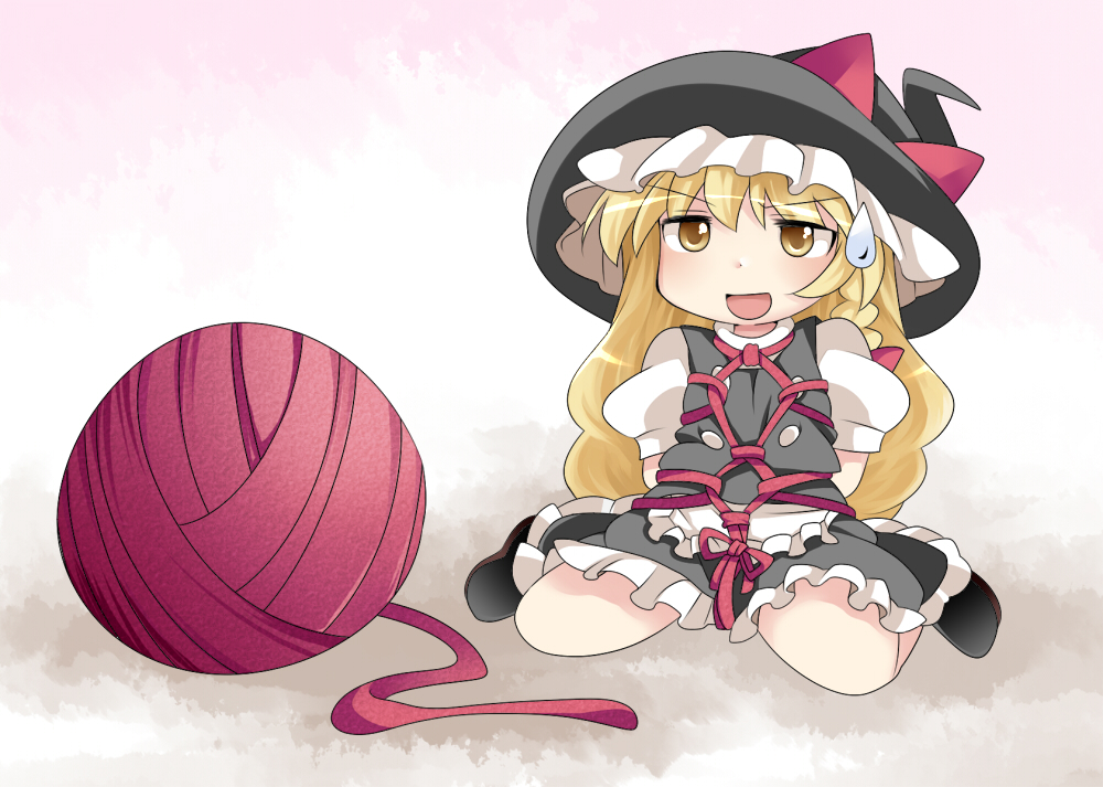 1girl apron bad_id bad_pixiv_id bdsm black_dress blonde_hair bondage bound braid chibi dress female_focus hammer_(sunset_beach) hat kirisame_marisa long_hair mini_person minigirl open_mouth shibari sitting skirt smile solo sweatdrop touhou waist_apron witch_hat wool yellow_eyes