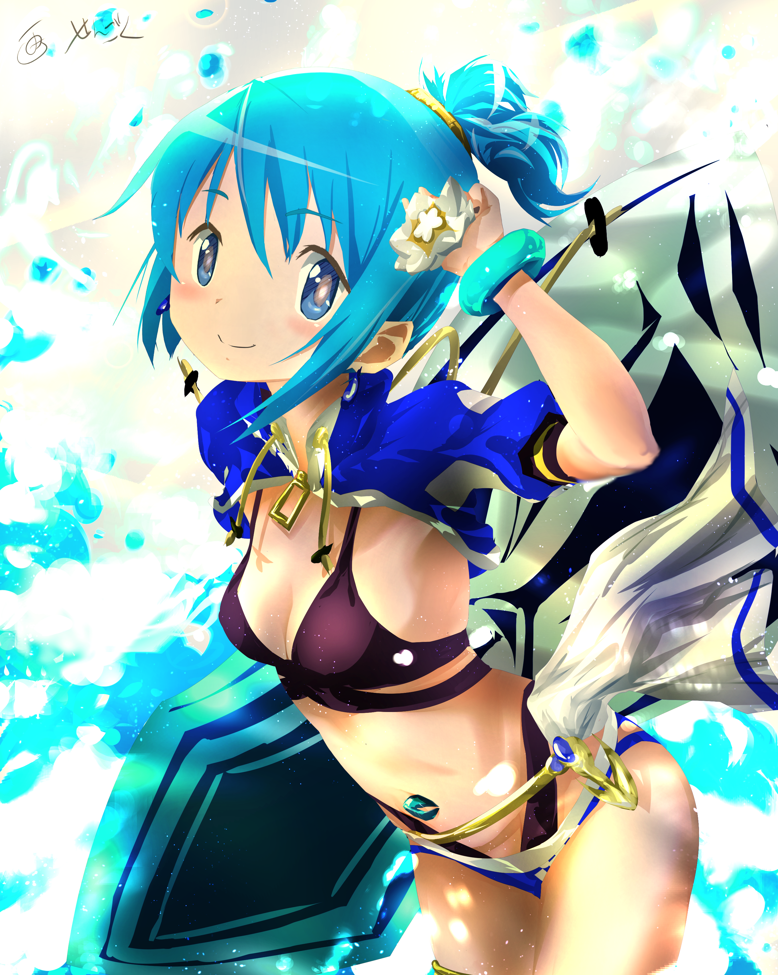 1girl absurdres blue_eyes blue_hair breasts cleavage highres looking_at_viewer magia_record:_mahou_shoujo_madoka_magica_gaiden mahou_shoujo_madoka_magica miki_sayaka miki_sayaka_(surfer_ver.) sengoku_chidori short_hair smile solo swimsuit tagme