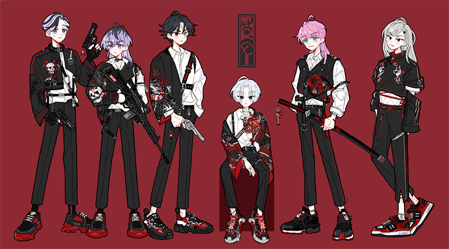 6+boys a1syeo between_legs black_eyes black_footwear black_hair black_pants green_eyes grey_background gun haitani_ran haitani_rindou hand_between_legs hand_in_pocket holding holding_gun holding_knife holding_sword holding_weapon kakuchou katana knife kokonoi_hajime long_hair long_sleeves multicolored_hair multiple_boys pants pink_hair purple_eyes purple_hair red_eyes red_footwear sano_manjirou sanzu_haruchiyo shirt short_hair sitting standing sword tokyo_revengers weapon white_eyes white_hair white_shirt