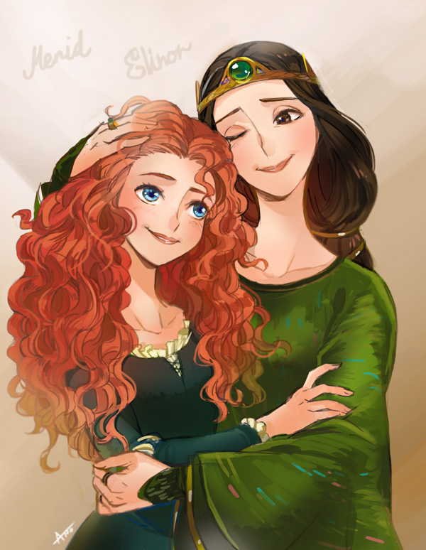 2girls ano_(sbee) blue_eyes brave_(disney) brown_eyes brown_hair curly_hair elinor_(brave) gradient_background hug merida_(brave) mother_and_daughter multiple_girls one_eye_closed queen red_hair