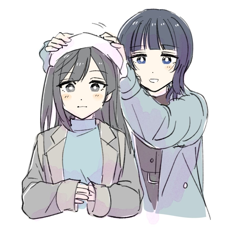 2girls adjusting_clothes adjusting_headwear asaka_karin blue_coat blue_eyes blue_hair blue_sweater blush blush_stickers breasts casual closed_mouth coat cropped_torso grey_eyes grey_jacket grin hat jacket long_hair long_sleeves looking_at_viewer love_live! love_live!_nijigasaki_high_school_idol_club love_live!_nijigasaki_high_school_idol_club_the_movie_-_finale medium_breasts multiple_girls official_alternate_costume one_side_up open_clothes open_coat open_jacket simple_background smile solllolll sweater turtleneck turtleneck_sweater white_background white_hat yuki_setsuna