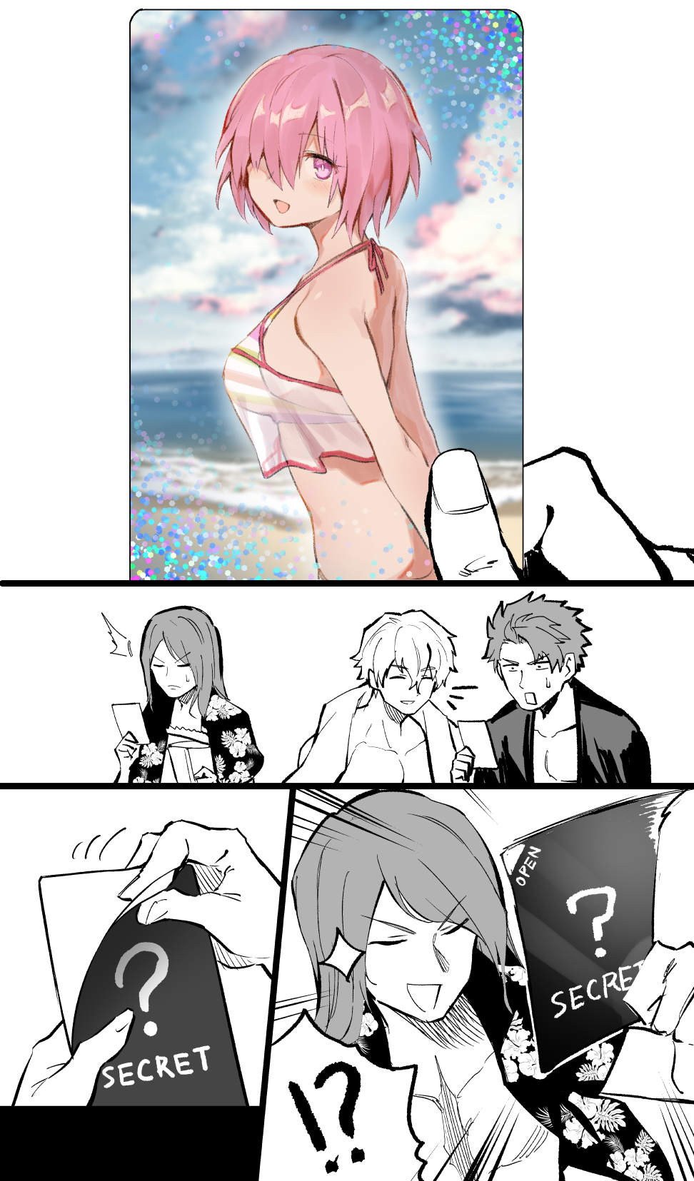 1girl 3boys bikini comic fate/extra fate/grand_order fate_(series) gawain_(fate) gawain_(scion_of_summer)_(fate) hair_over_one_eye highres hirunagi lancelot_(fate/grand_order) lancelot_(strongest_knight_of_summer)_(fate) light_purple_hair mash_kyrielight mash_kyrielight_(swimsuit_of_perpetual_summer_ver.02) monochrome multicolored_bikini multiple_boys official_alternate_costume purple_eyes rainbow_bikini see-through_clothes silent_comic swimsuit tristan_(chicken_of_luluhawa)_(fate) tristan_(fate)
